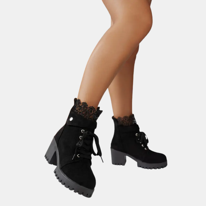Women's Lace Up Ankle Boots with Decorative Lace Trim and Block Heel