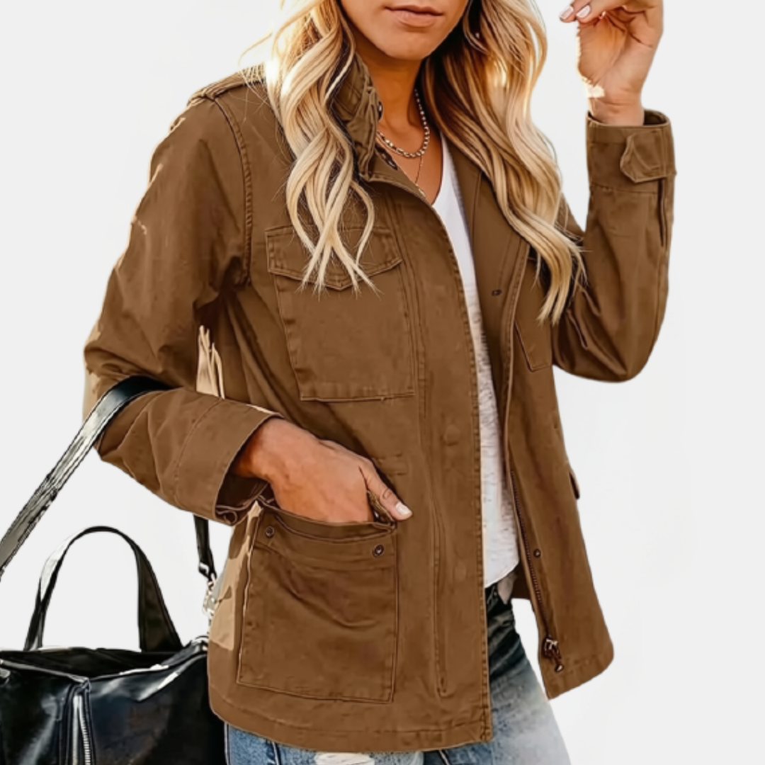 Women's Utility Cargo Jacket with Multi Pocket Drawstring Waist