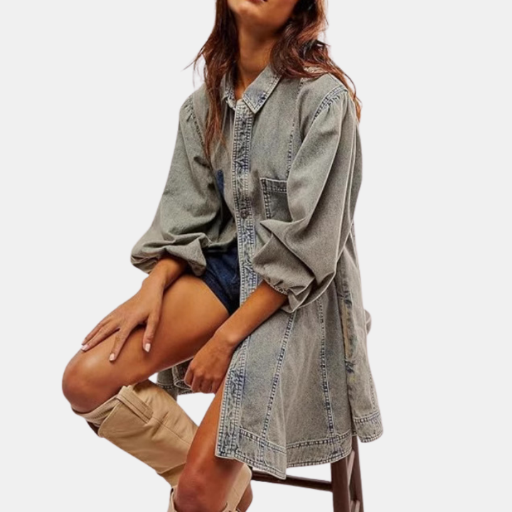 Women's Balloon Sleeve Button Front Denim Mini Dress