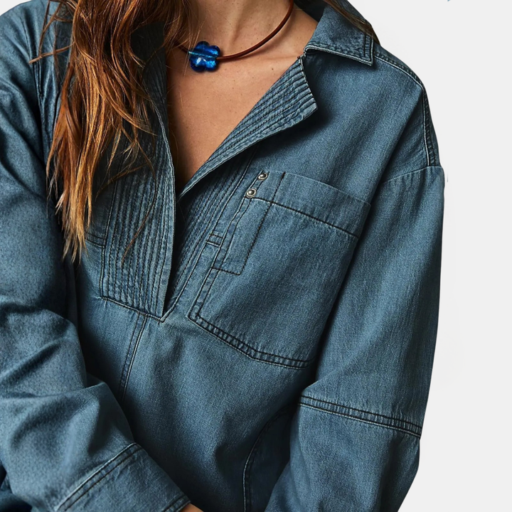 Women's Oversized V-Neck Long Sleeve Denim Pullover Shirt