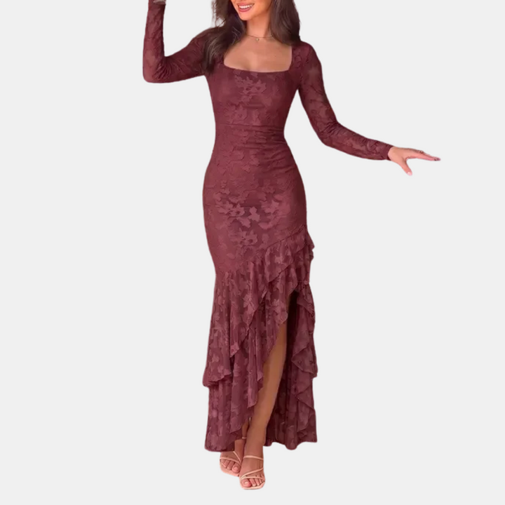Women's Square Neck Sleeve Mermaid Ruffle Hem Formal Maxi Dress