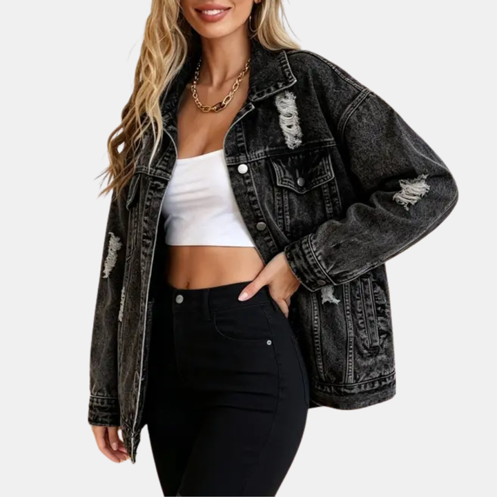 Women's Distressed Oversized Snap Button Denim Jacket