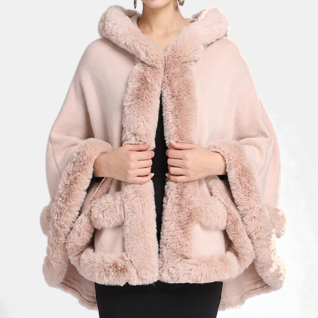 Women's Faux Fur Trim Hooded Knit Cape Coat