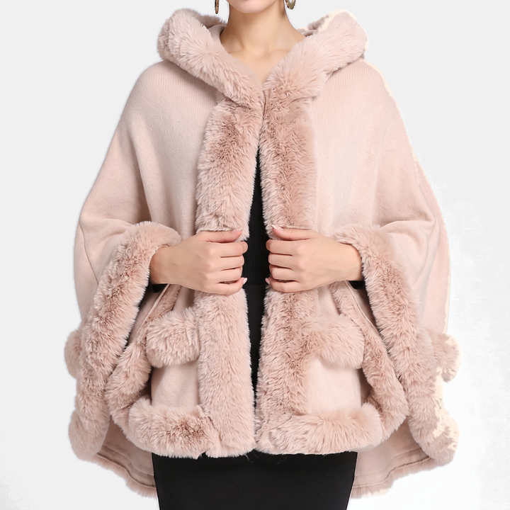 Women's Faux Fur Trim Hooded Knit Cape Coat