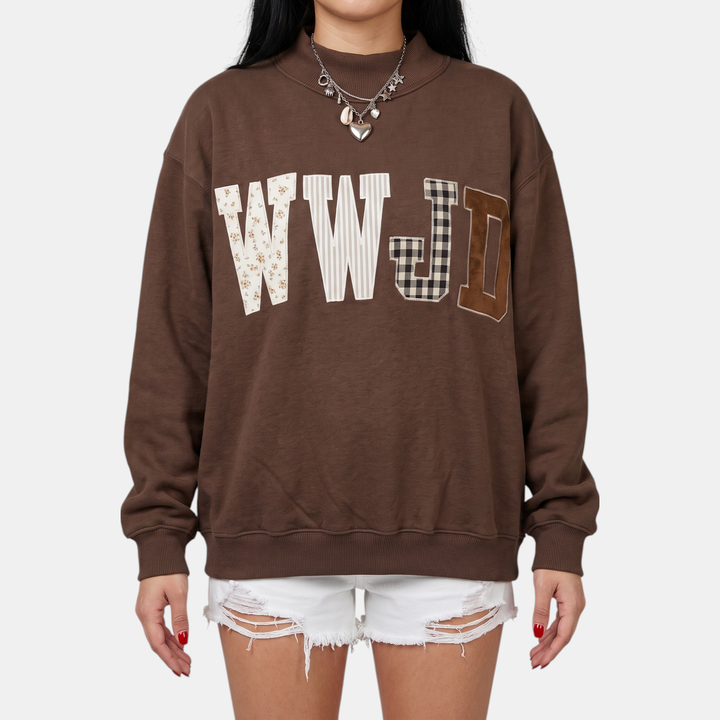 Women's Graphic Crewneck Oversized Sweatshirt with Patchwork Appliqué