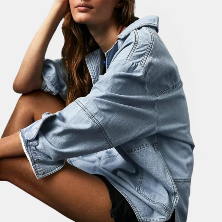 Women's Oversized V-Neck Long Sleeve Denim Pullover Shirt