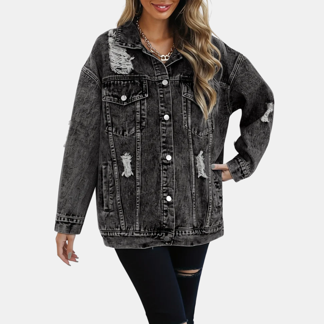 Women's Distressed Oversized Snap Button Denim Jacket