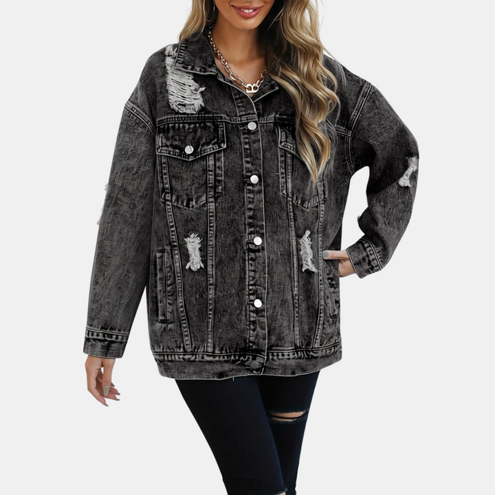 Women's Distressed Oversized Snap Button Denim Jacket