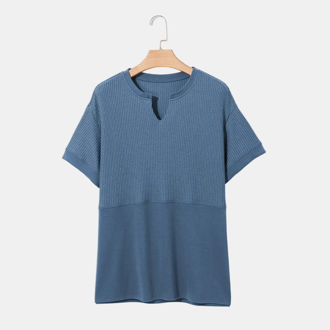 Women's Color Block Waffle Knit V-Neck Short Sleeve Tunic Top