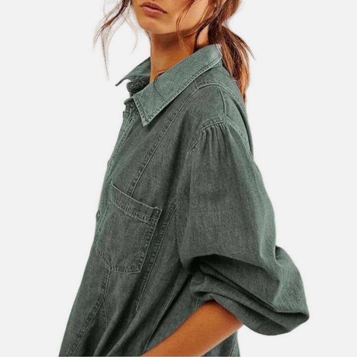 Women's Balloon Sleeve Button Front Denim Mini Dress
