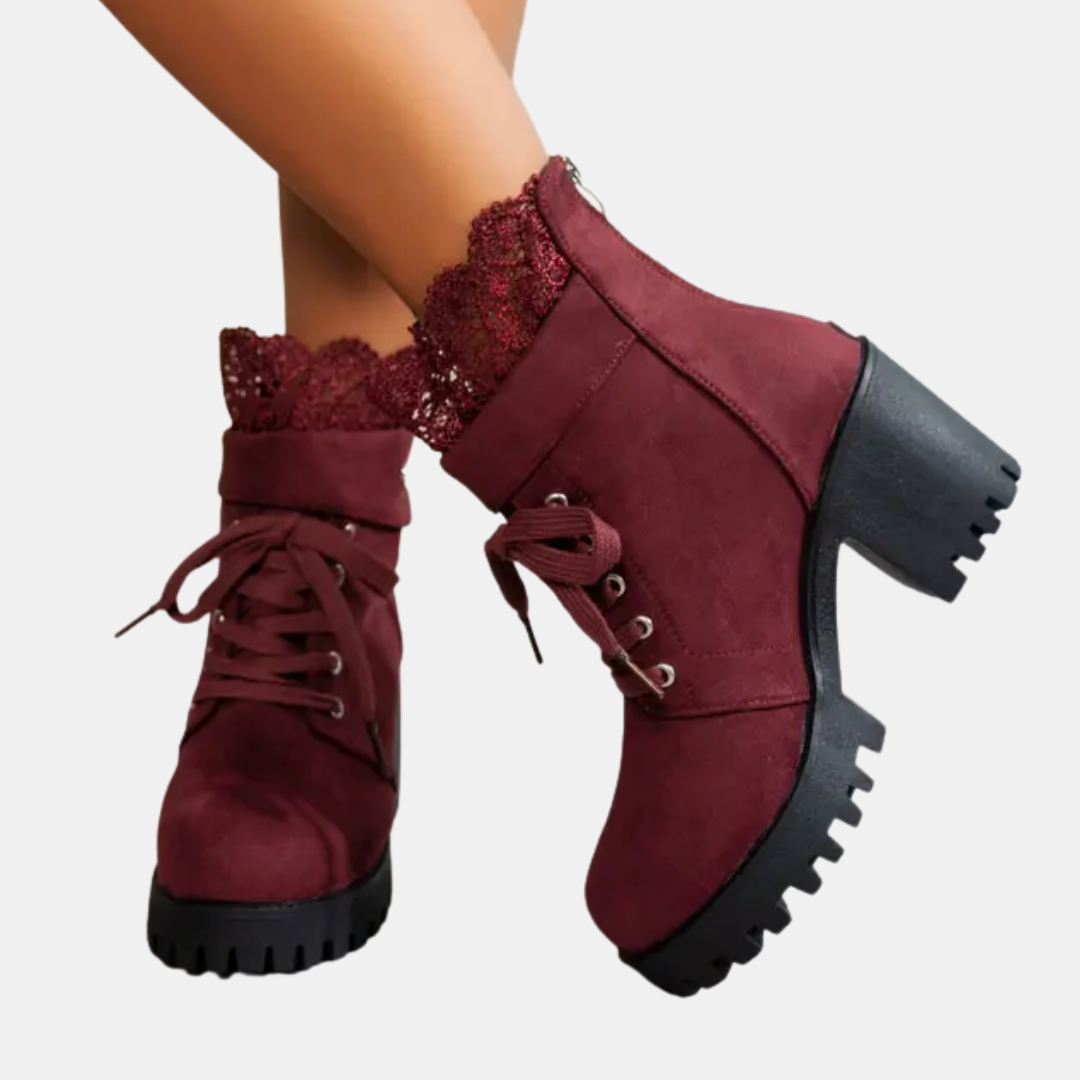 Women's Lace Up Ankle Boots with Decorative Lace Trim and Block Heel