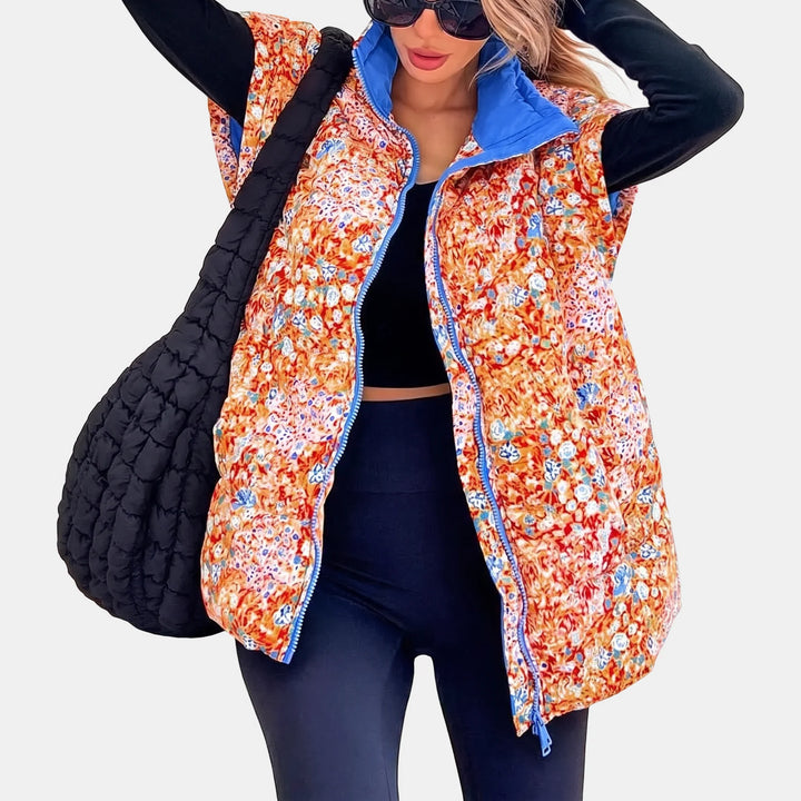 Women's Floral Print Puffer Vest Sleeveless Zip Up