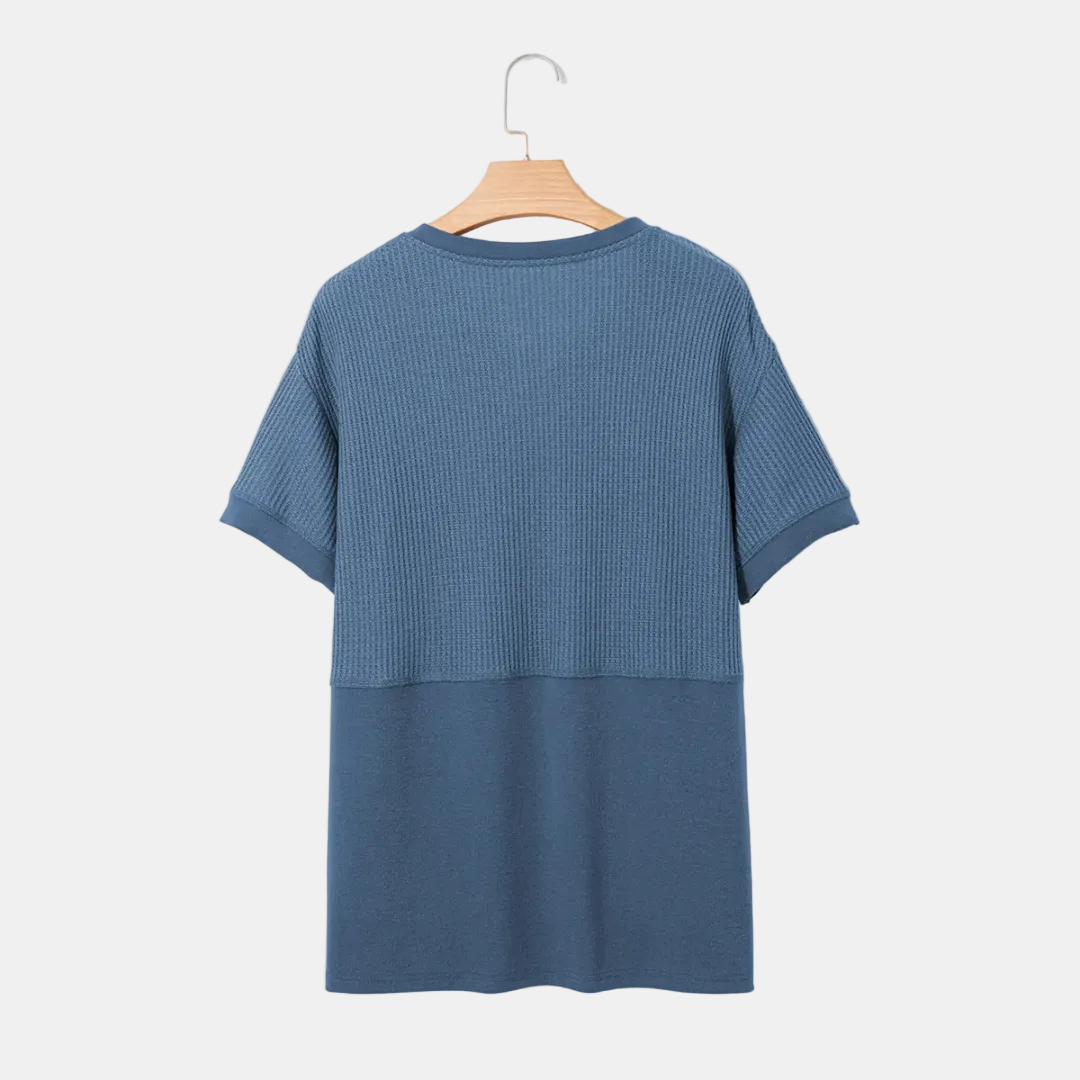 Women's Color Block Waffle Knit V-Neck Short Sleeve Tunic Top