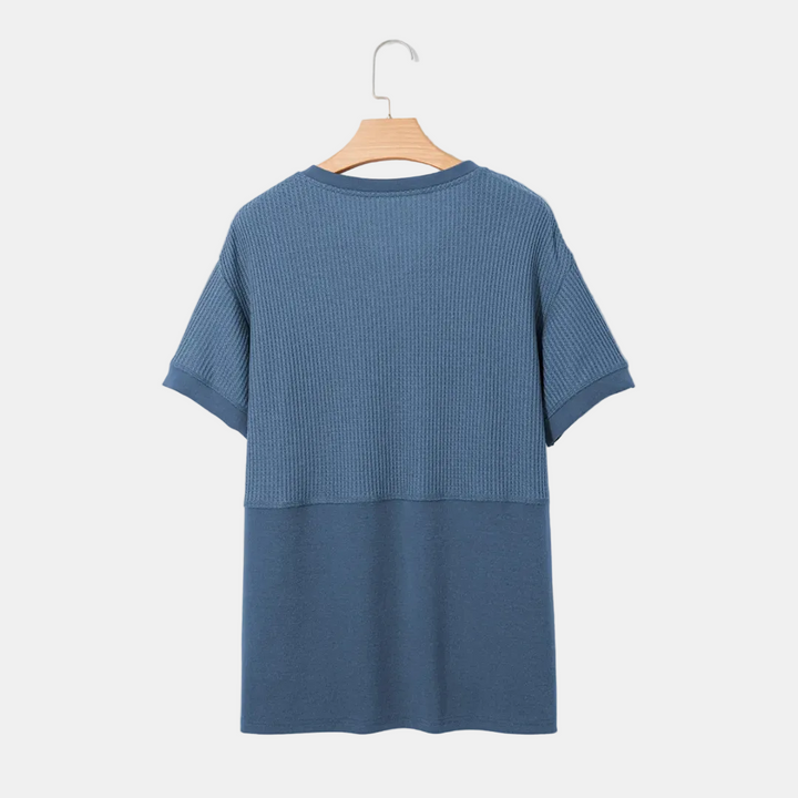 Women's Color Block Waffle Knit V-Neck Short Sleeve Tunic Top