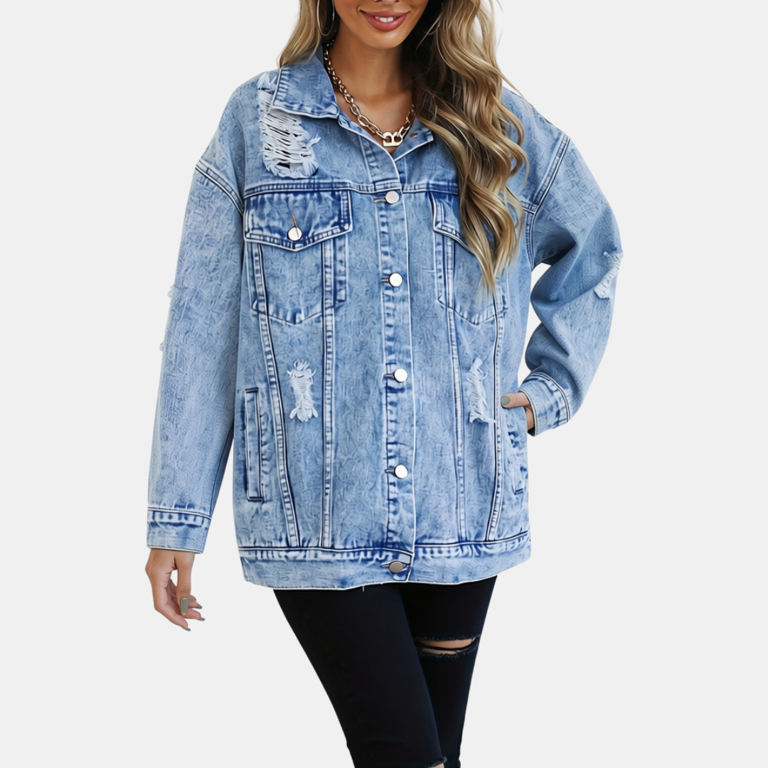 Women's Distressed Oversized Snap Button Denim Jacket