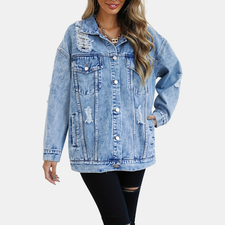 Women's Distressed Oversized Snap Button Denim Jacket