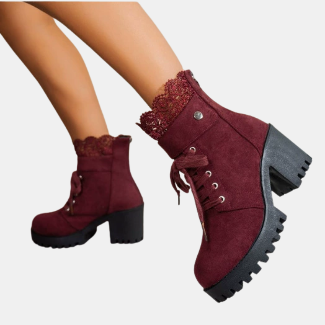 Women's Lace Up Ankle Boots with Decorative Lace Trim and Block Heel