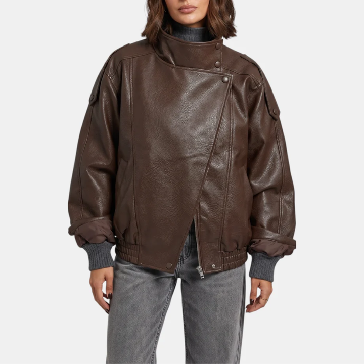 Women's Pebbled Faux Leather Bomber Jacket Oversized Stand Collar