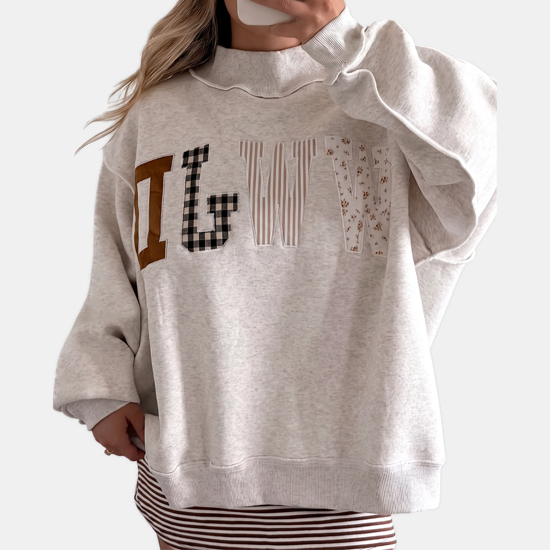Women's Graphic Crewneck Oversized Sweatshirt with Patchwork Appliqué