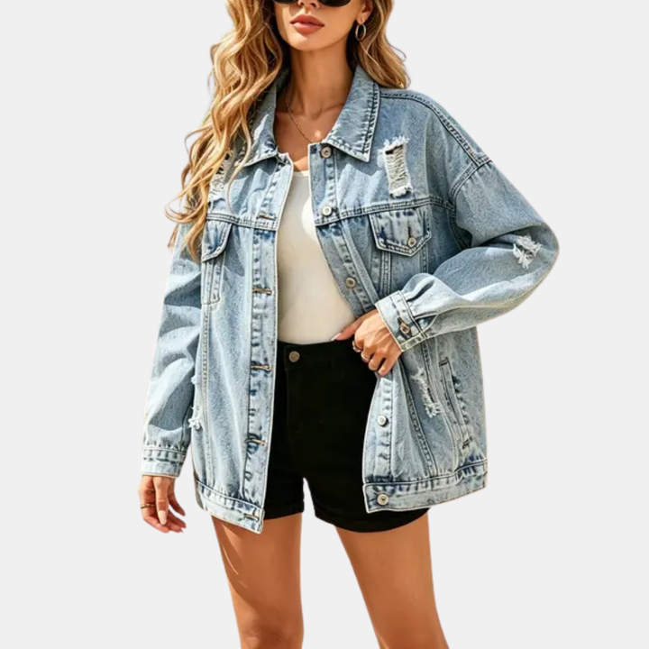 Women's Distressed Oversized Snap Button Denim Jacket