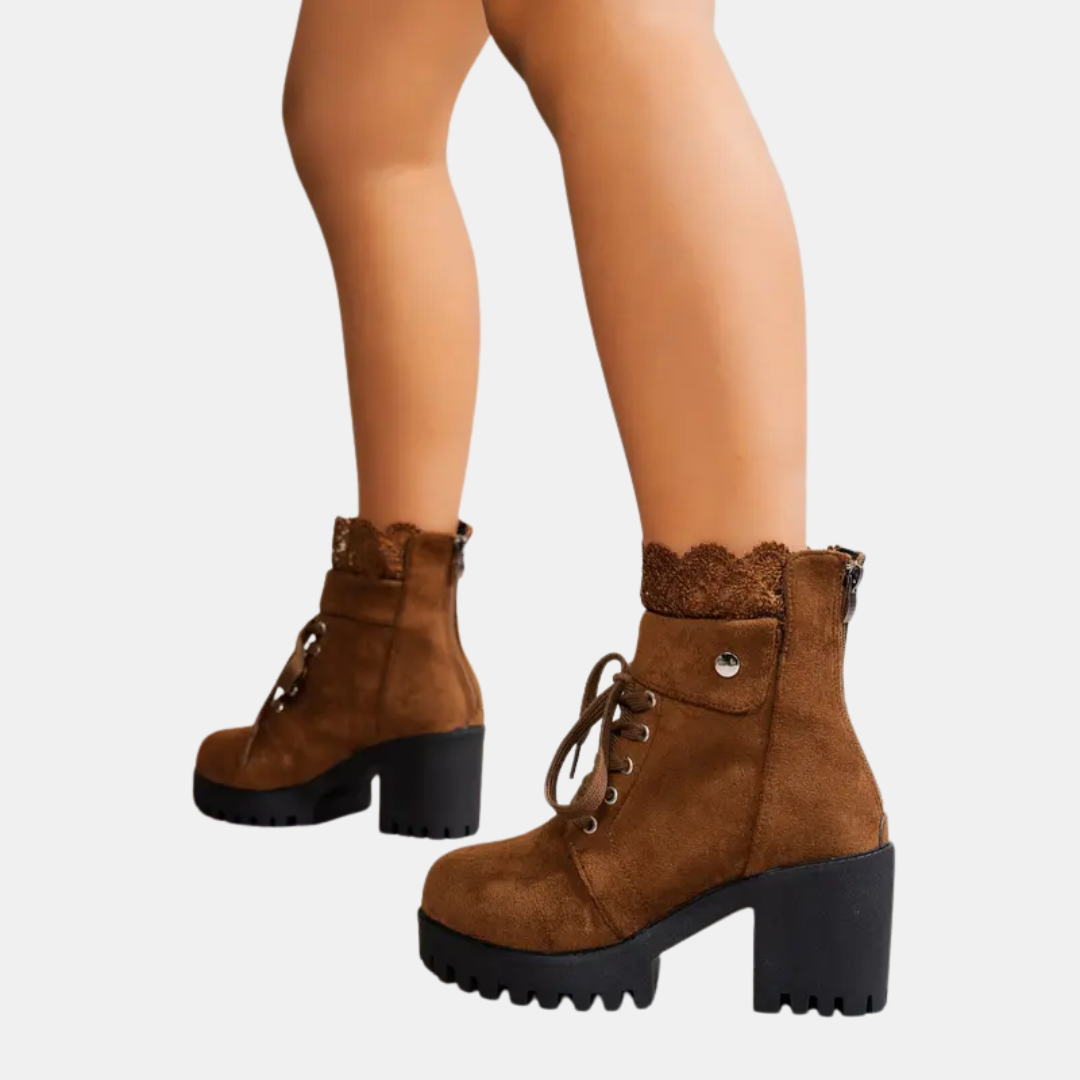 Women's Lace Up Ankle Boots with Decorative Lace Trim and Block Heel