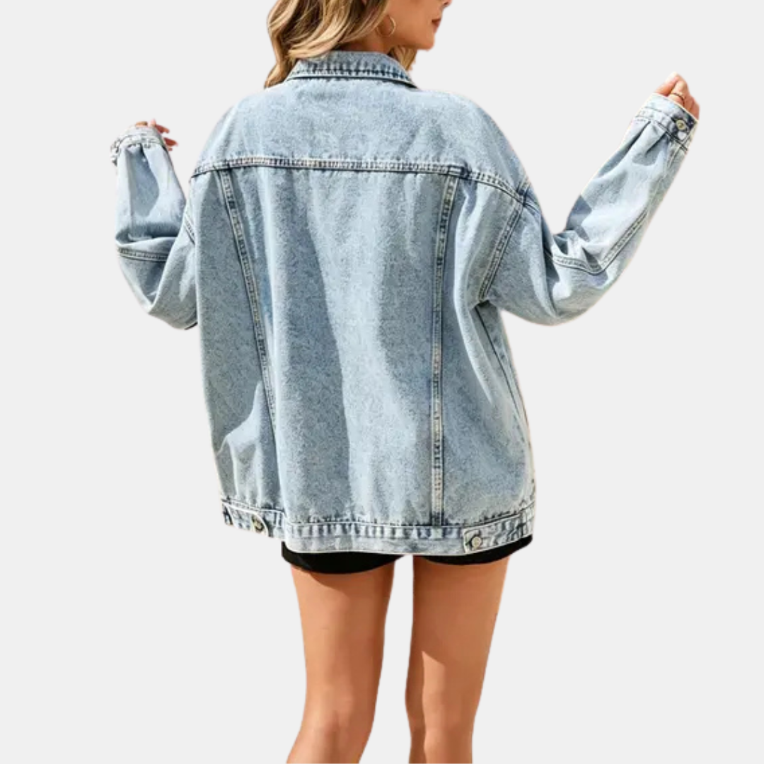 Women's Distressed Oversized Snap Button Denim Jacket