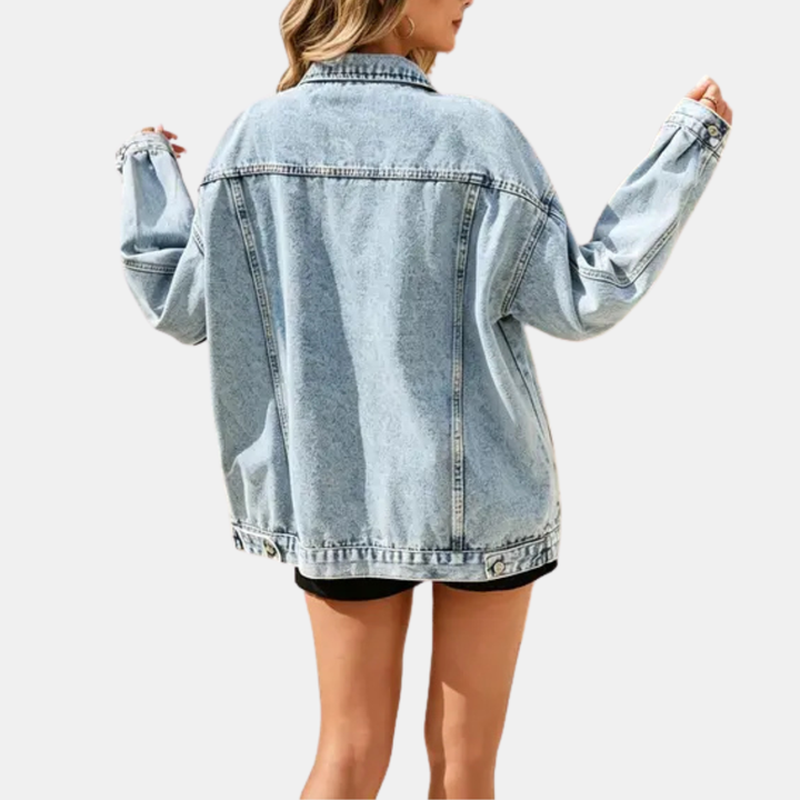 Women's Distressed Oversized Snap Button Denim Jacket