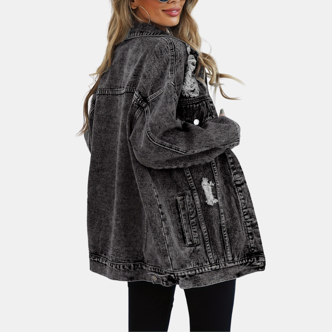 Women's Distressed Oversized Snap Button Denim Jacket