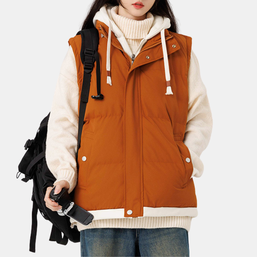 Women's Quilted Hooded Puffer Vest Zip Front Fleece Lined