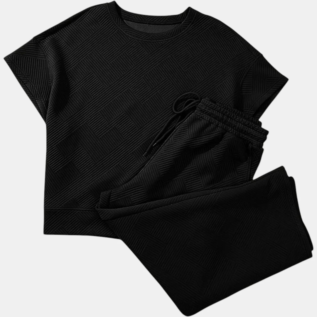 Women's Lounge Set Wide Leg Cropped Pants and Textured Blouson Top