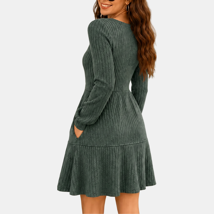 Women's Tiered Skirt Ribbed Knit Square Neck Mini Dress