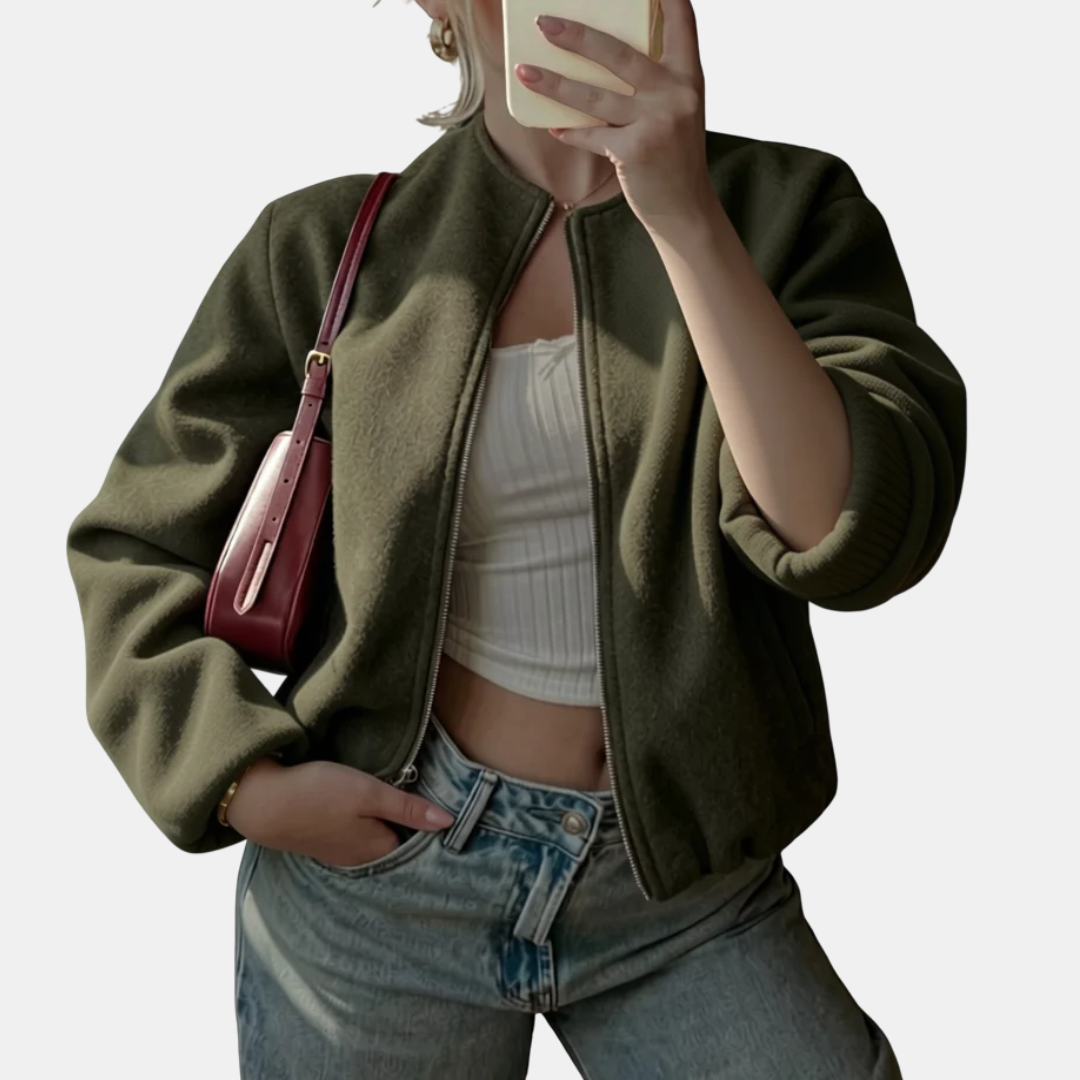 Women's Cropped Zip Up Oversized Fleece Bomber Jacket
