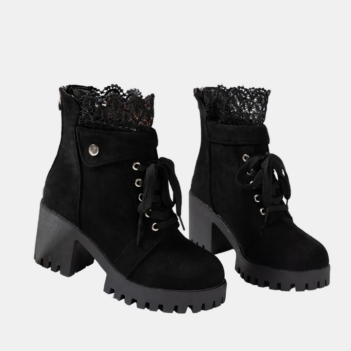 Women's Lace Up Ankle Boots with Decorative Lace Trim and Block Heel