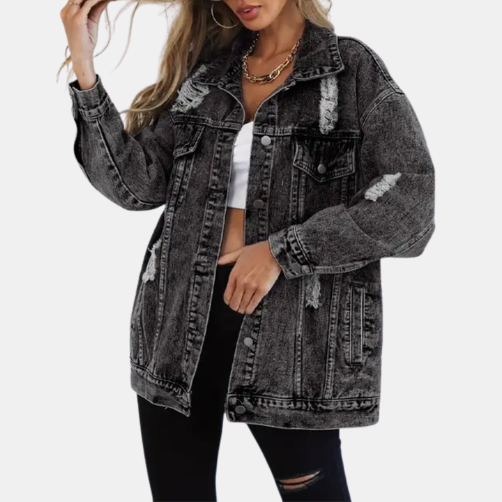 Women's Distressed Oversized Snap Button Denim Jacket