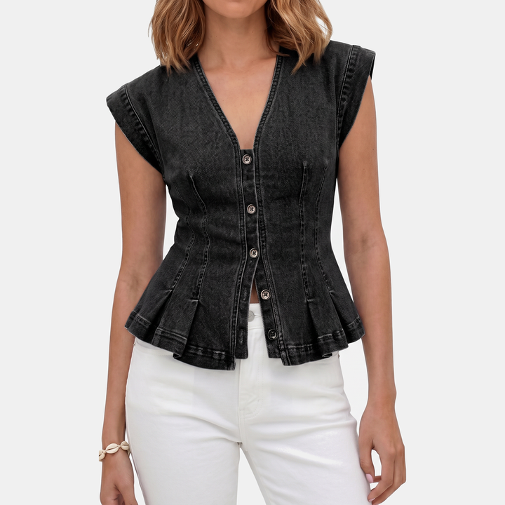 Women's Denim Vest Button Front Peplum Sleeveless Top