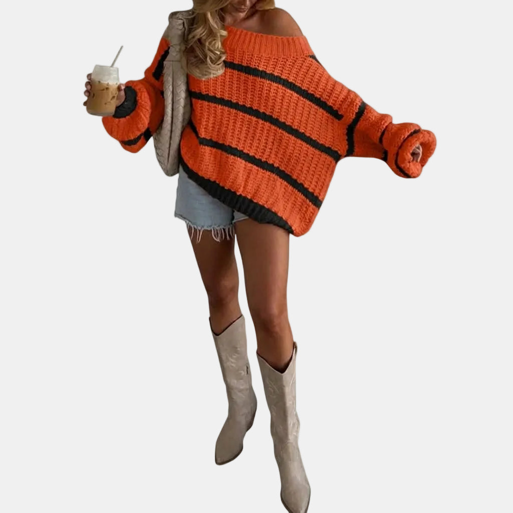 Women's Oversized Off Shoulder Striped Knit Sweater