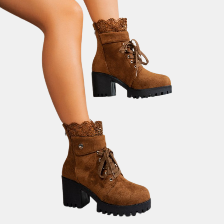 Women's Lace Up Ankle Boots with Decorative Lace Trim and Block Heel