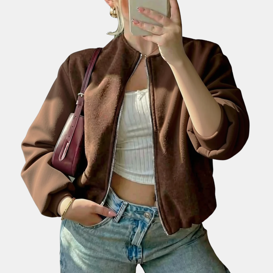 Women's Cropped Zip Up Oversized Fleece Bomber Jacket