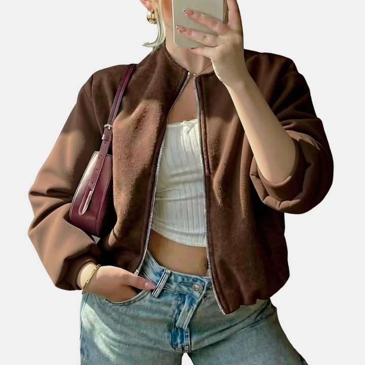 Women's Cropped Zip Up Oversized Fleece Bomber Jacket