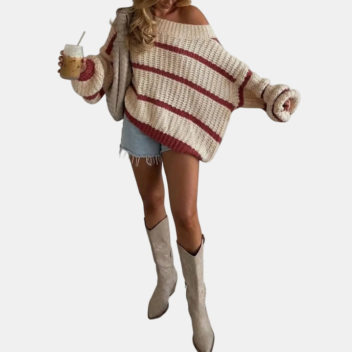 Women's Oversized Off Shoulder Striped Knit Sweater