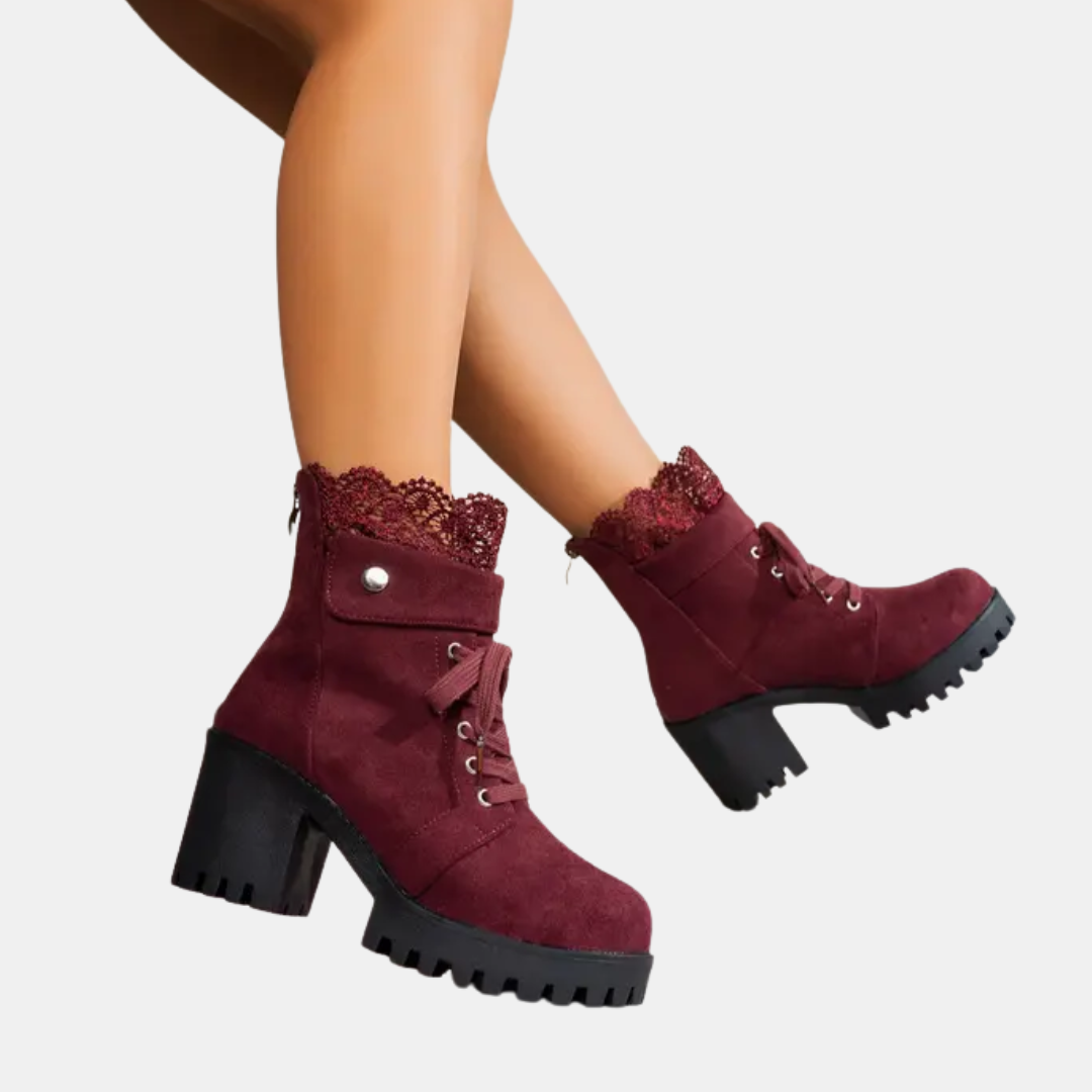 Women's Lace Up Ankle Boots with Decorative Lace Trim and Block Heel