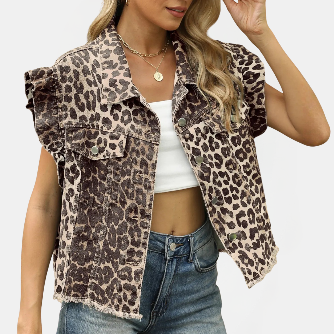 Women's Denim Vest Ruffle Trim Button Front Raw Hem
