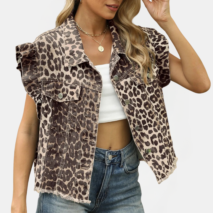 Women's Denim Vest Ruffle Trim Button Front Raw Hem