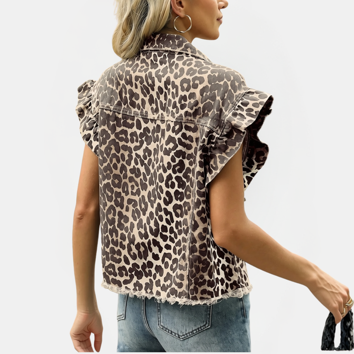 Women's Denim Vest Ruffle Trim Button Front Raw Hem