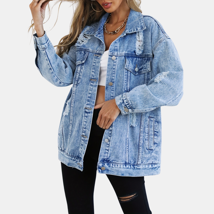 Women's Distressed Oversized Snap Button Denim Jacket