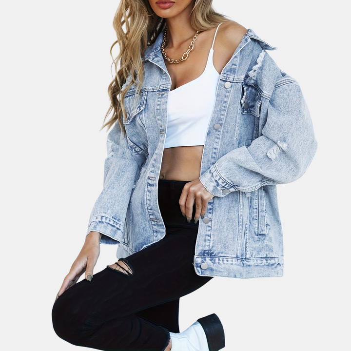 Women's Distressed Oversized Snap Button Denim Jacket