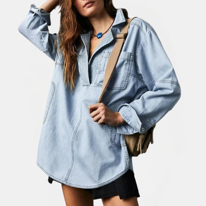 Women's Oversized V-Neck Long Sleeve Denim Pullover Shirt