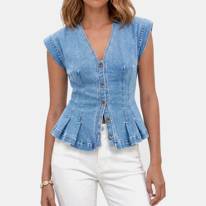 Women's Denim Vest Button Front Peplum Sleeveless Top