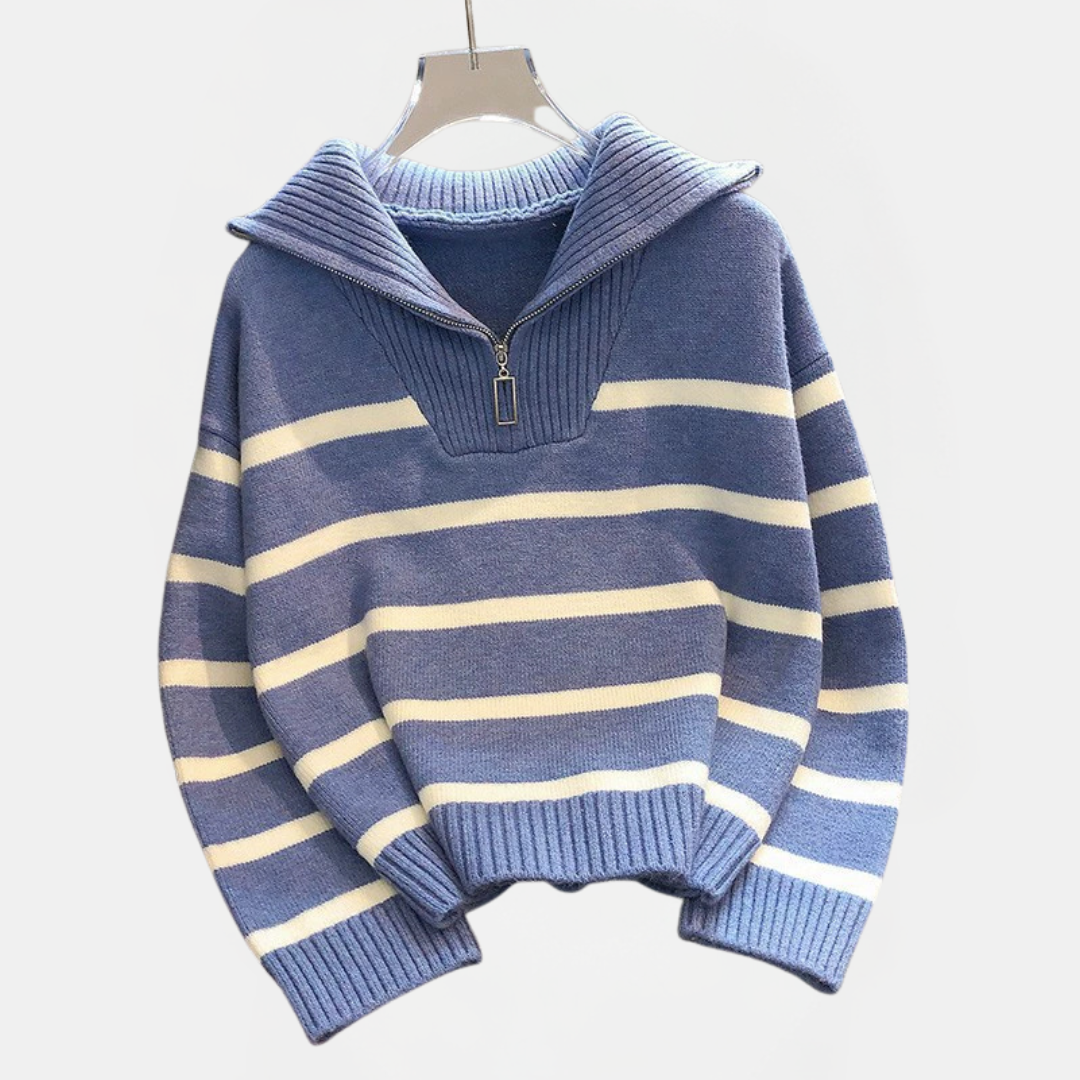Women's Oversized Quarter Zip Striped Knit Sweater