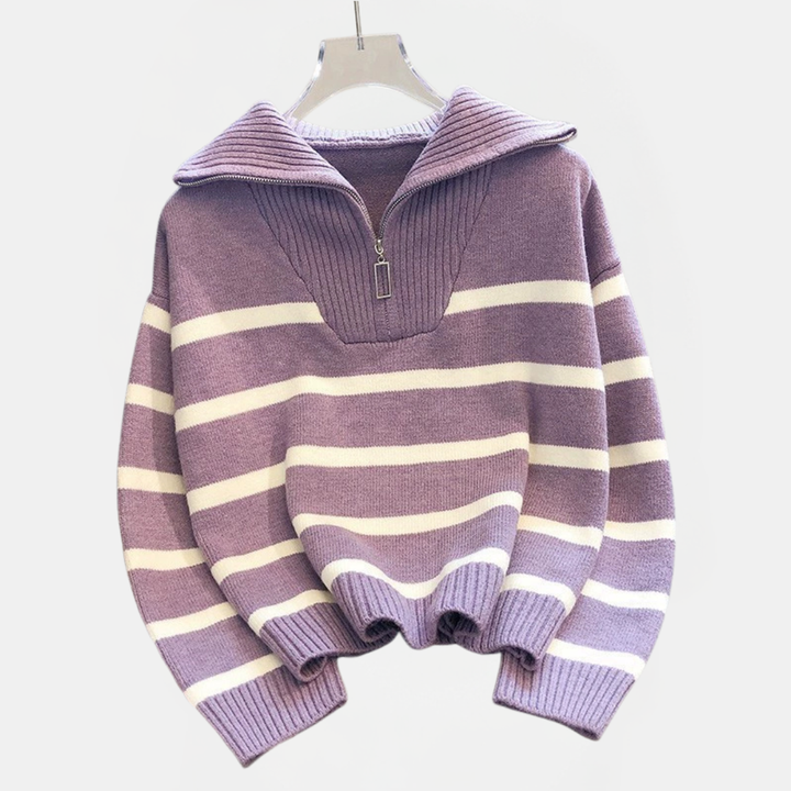 Women's Oversized Quarter Zip Striped Knit Sweater